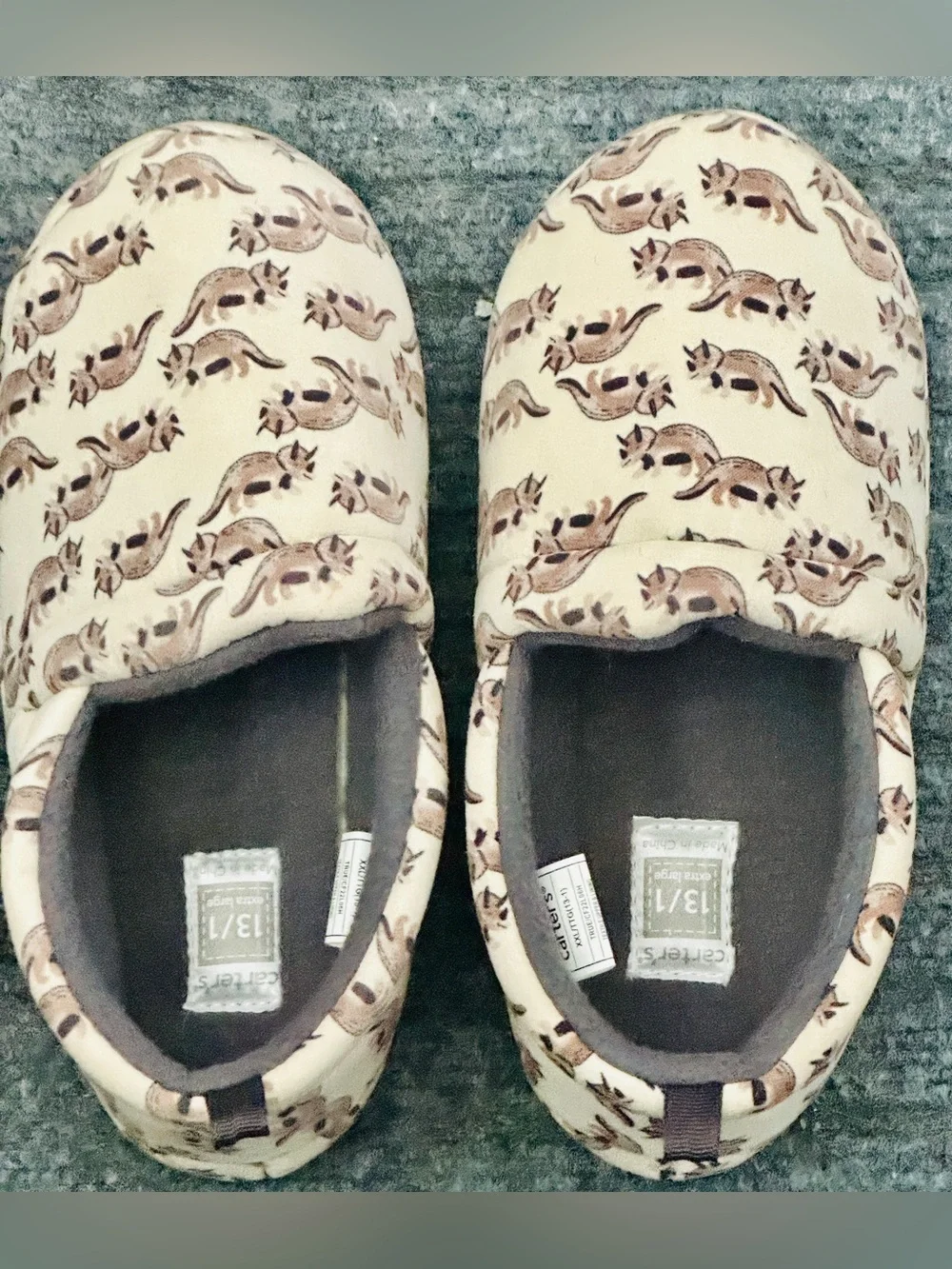 NEW Carters Unisex Dinosaur Slippers XXL 13-1 True Slipper Sueded Khaki House